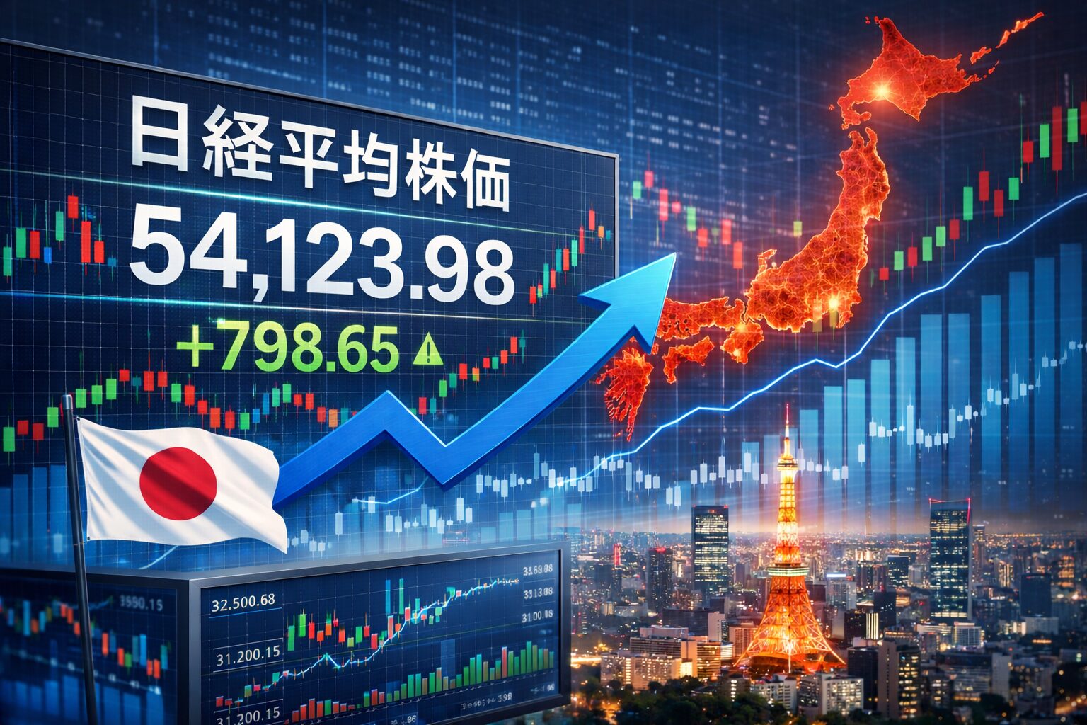 日経平均株価が5万4000円台を超えた状況を象徴的に表したイメージ画像