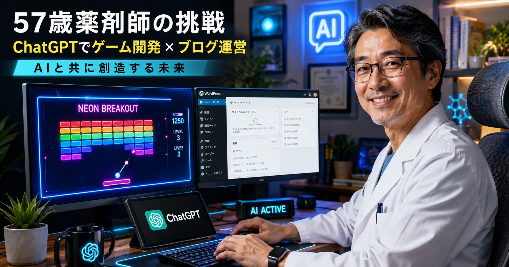 57歳の薬剤師がChatGPTを使ってブロック崩しゲームを作りWordPressへ設置しているイメージ