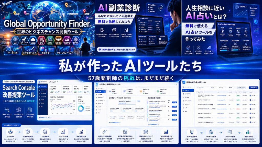 57歳薬剤師が開発したAI占い、AI副業診断、Search Console改善提案ツール、内部リンク候補抽出ツール、GOFなどのAIツールをまとめたイメージ画像