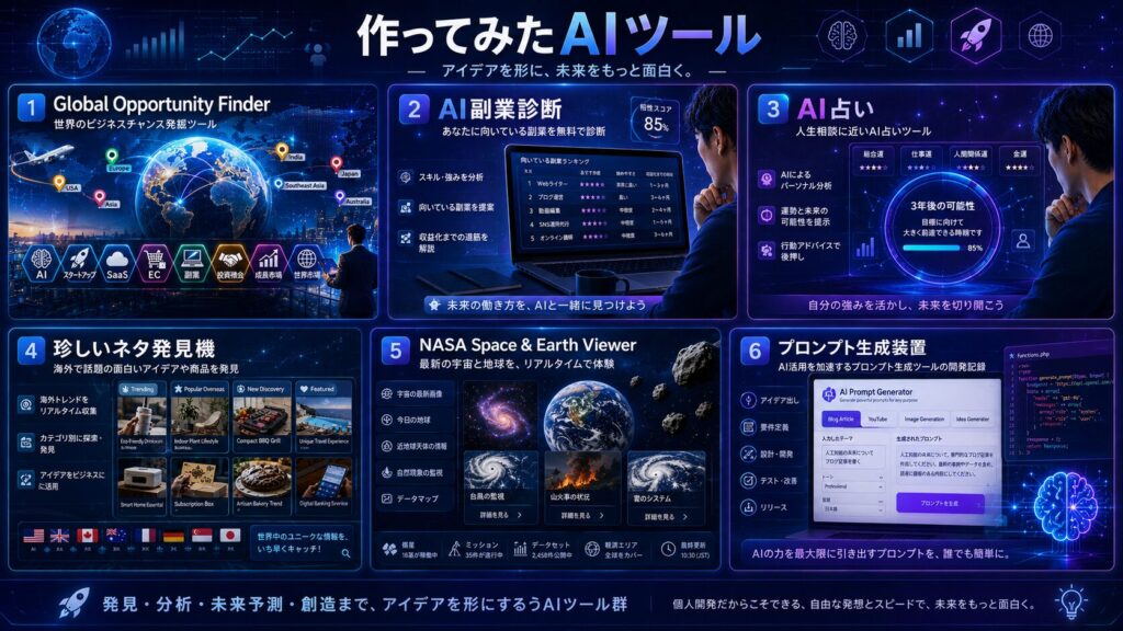 AI副業診断、AI占い、珍しいネタ発見機、NASA Space & Earth Viewer、プロンプト生成装置、Global Opportunity Finderなど、作ってみたAIツールを一覧でまとめた画像