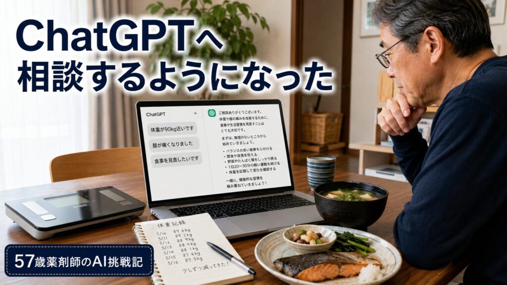 57歳の薬剤師が食事記録と体重管理についてChatGPTへ相談している様子