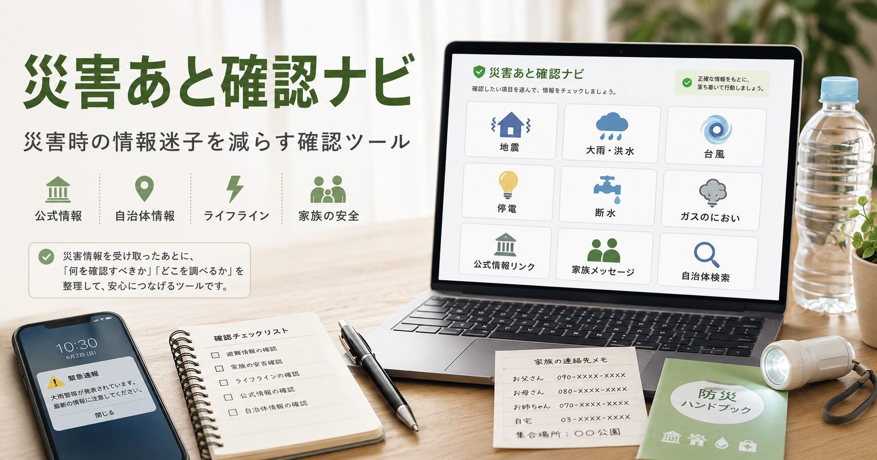 災害あと確認ナビのアイキャッチ画像。災害時に確認することや公式情報への導線を整理するWebツールを表示したデスク風景。