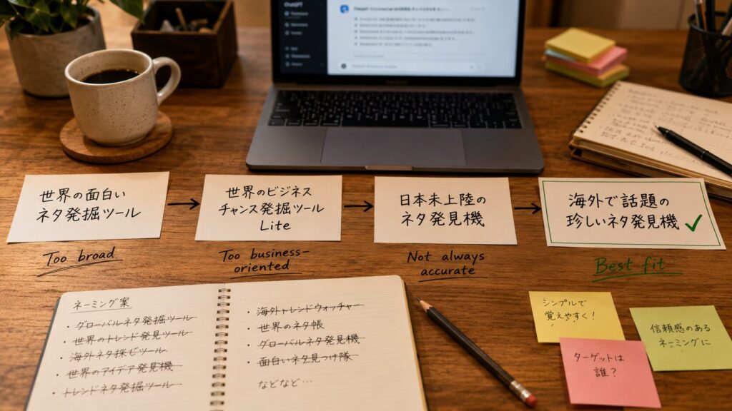 海外で話題の珍しいネタ発見機のツール名が何度も変更された過程を表したイメージ
