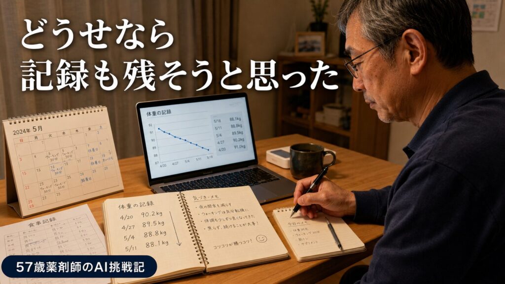 体重や食事の記録をノートに残しながら変化を振り返る57歳薬剤師