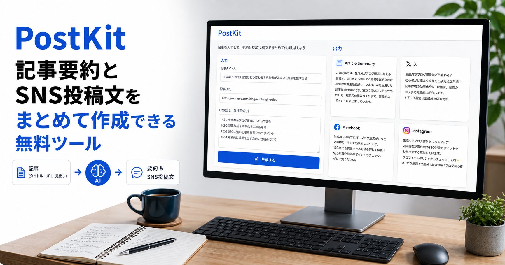 PostKitで記事要約とSNS投稿文をまとめて生成するAIツールの画面イメージ
