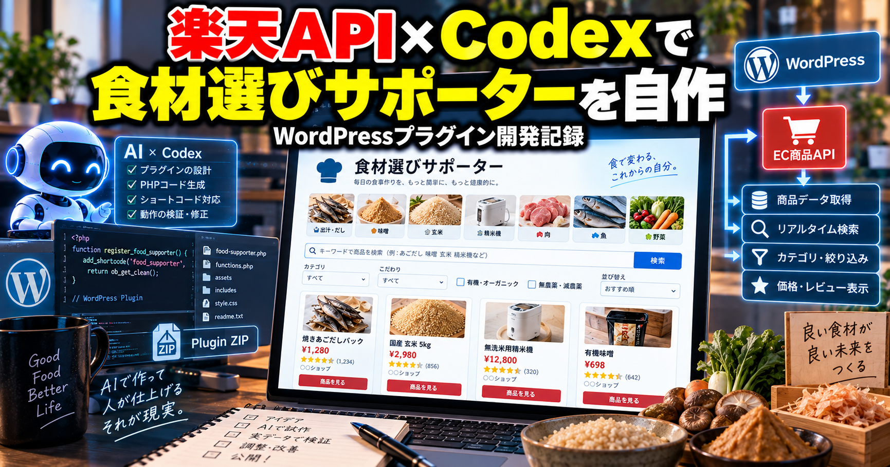 楽天市場商品検索APIとCodexを使ってWordPressに食材選びサポーターを自作したイメージ