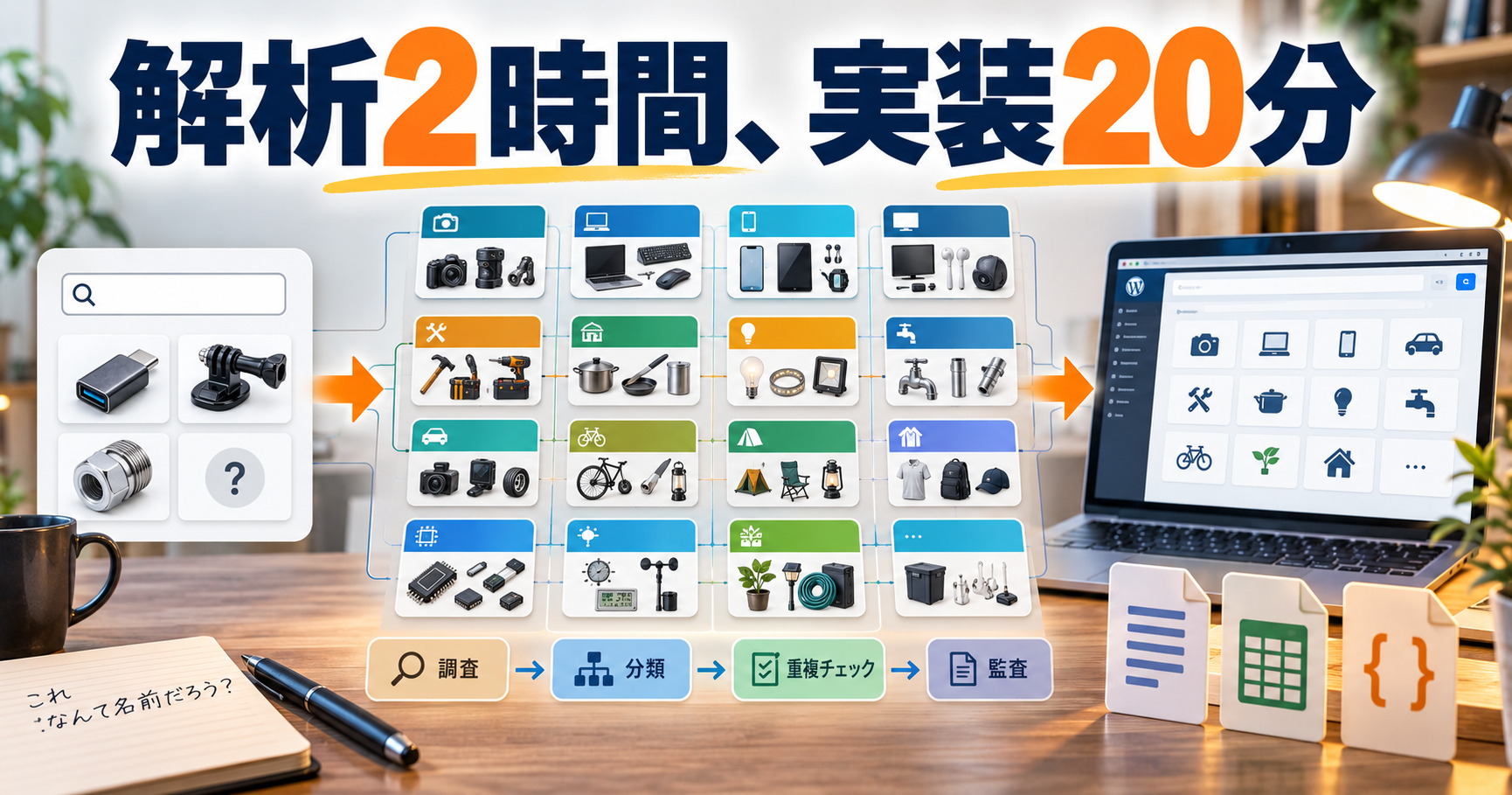 小さな検索画面から商品分類が広がり、AIによる調査を経てAliExpress Naviへ実装される流れを描いたイメージ