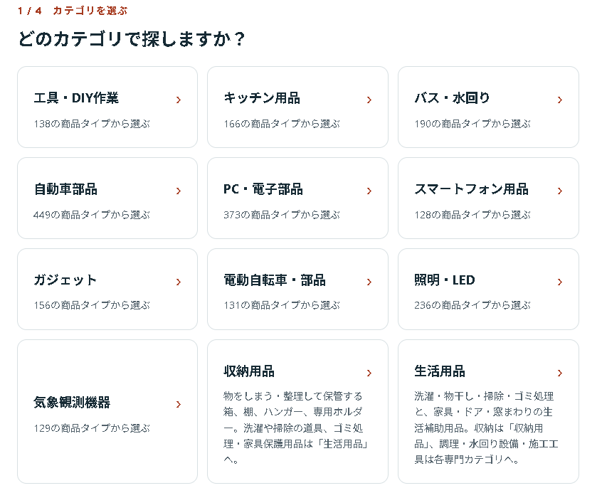 AliExpress Naviで日本語のカテゴリから商品棚・商品タイプを選ぶ画面